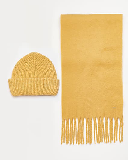 Orange knit scarf and beanie hat set