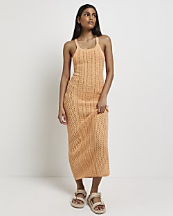 Orange knitted backless maxi dress