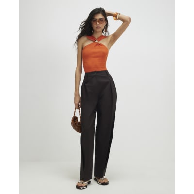 Orange Knitted Halter Neck Brooch Top