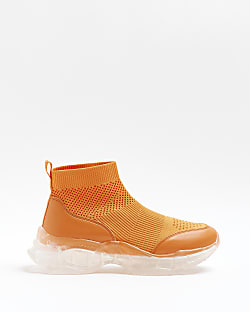 Orange knitted high top trainers