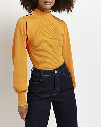 Orange knitted puff sleeve top