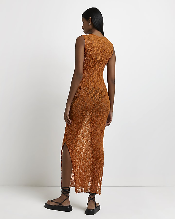 Orange lace bodycon maxi dress