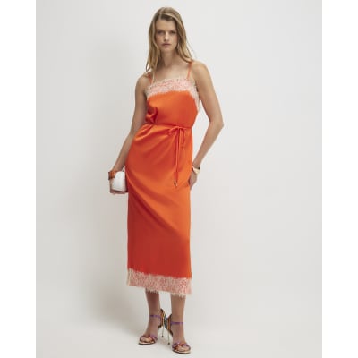 Orange Lace Trim Slip Midi Dress | River Island