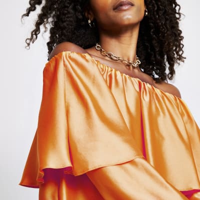 Orange layer frill bardot top River Island