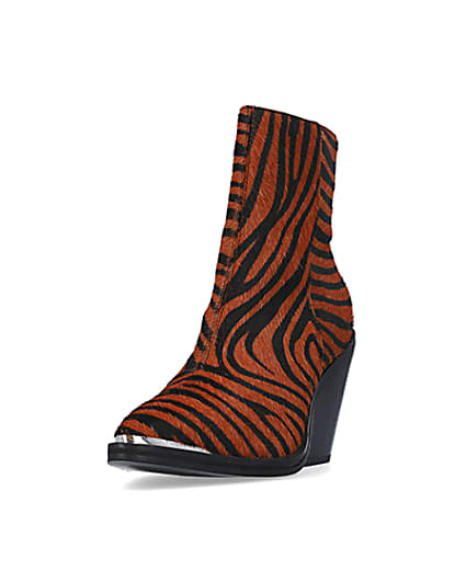 360 degree animation of product Orange leather animal print ankle boots frame-23