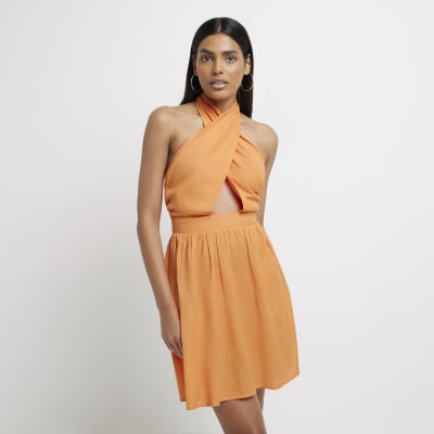 Orange linen halter neck mini dress