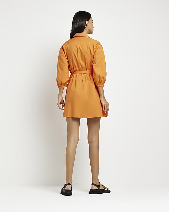 Orange long sleeve belted mini shirt dress