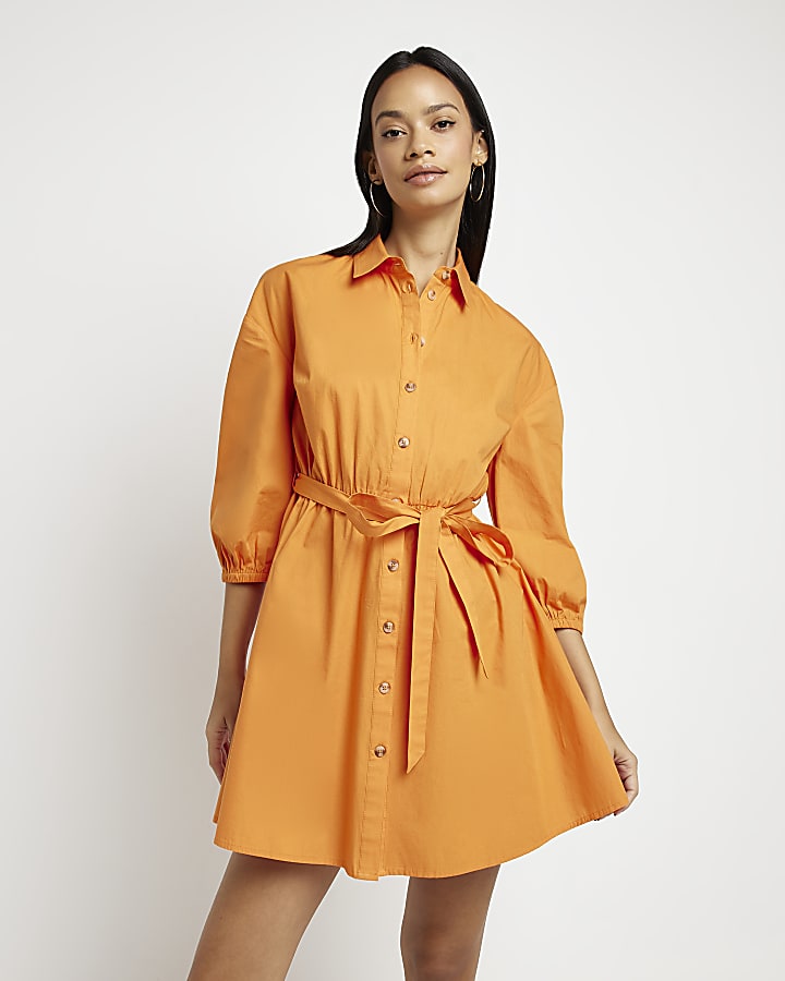 Orange long sleeve belted mini shirt dress