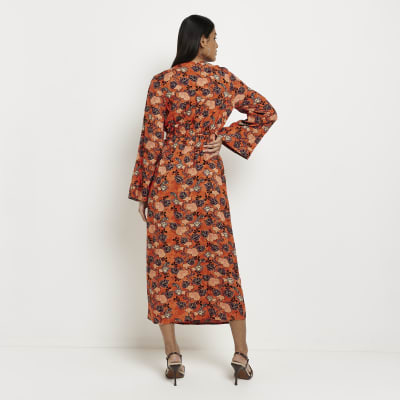 Orange long sleeve floral midi dress | River Island