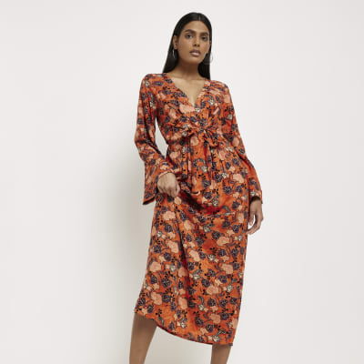 Orange long sleeve floral midi dress River Island