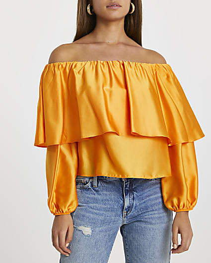 Orange long sleeve frill overlay bardot top