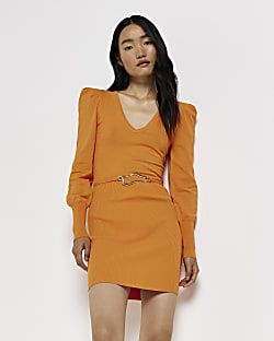Orange long sleeve mini bodycon dress