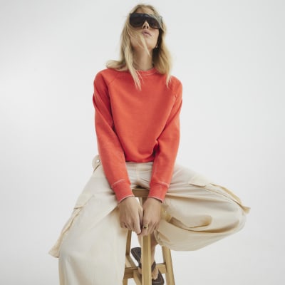 Orange Long Sleeve Raw Hem Sweatshirt