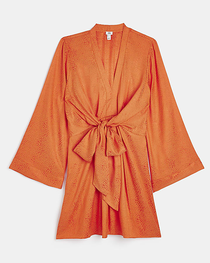 Orange long sleeve satin knot mini dress
