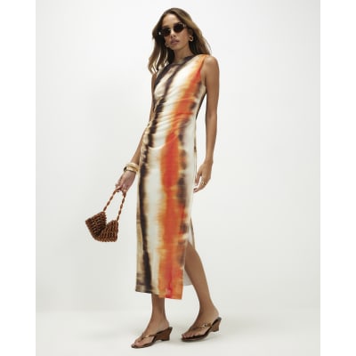 orange dress river island Orange Halter Neck Pleated Maxi Dress