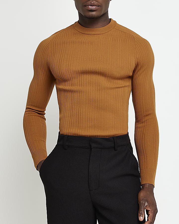 Orange Muscle fit ribbed crew neck jumper