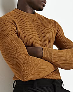 Orange Muscle fit ribbed crew neck jumper