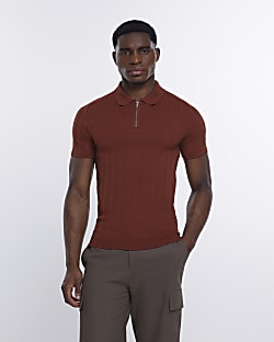 Orange muscle fit ribbed polo shirt