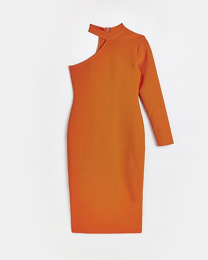 Orange one shoulder bodycon midi dress