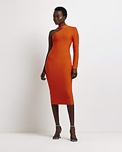 Orange one shoulder midi bodycon dress