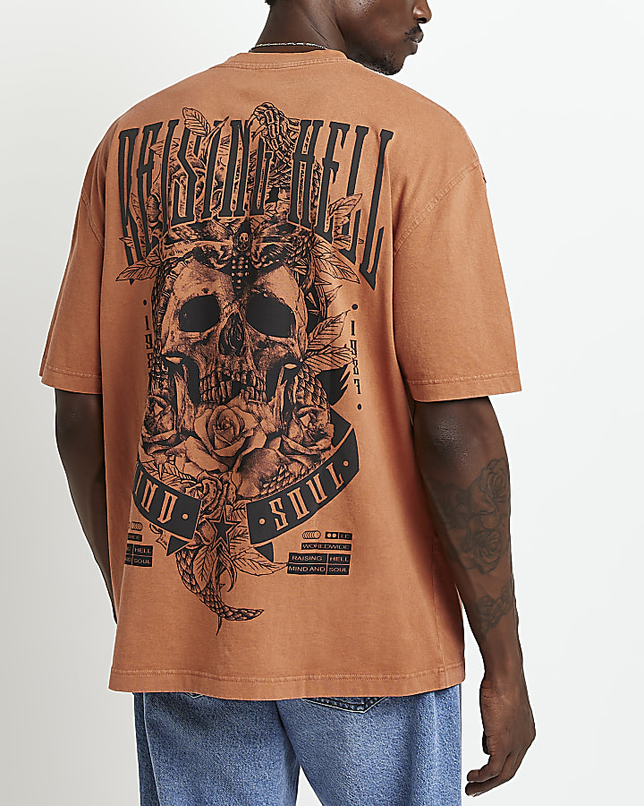 Orange Oversized fit graphic Skull T-shirt
