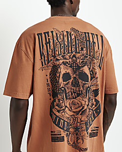 Orange Oversized fit graphic Skull T-shirt