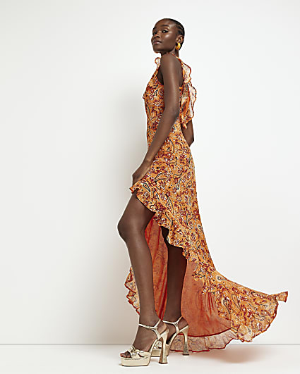 Orange paisley asymmetric maxi slip dress