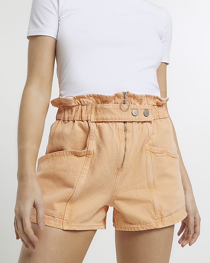 Orange paperbag denim shorts