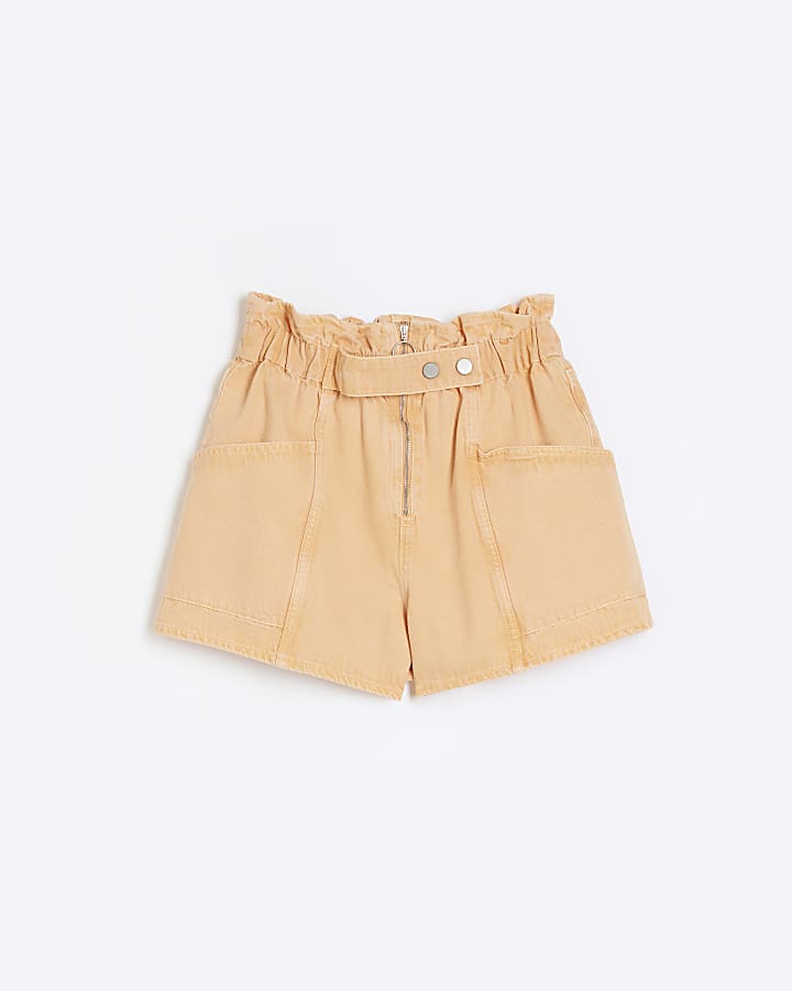 Orange paperbag denim shorts