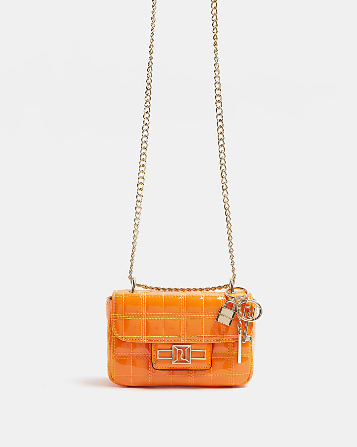 Orange patent quilted mini shoulder bag