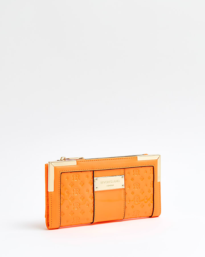 Orange patent RI monogram embossed purse