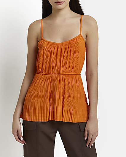 Orange plisse tie waist cami top