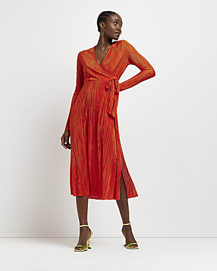 Orange plisse wrap midi dress