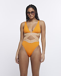 Orange Plunge Wrap Elastic Swimsuit