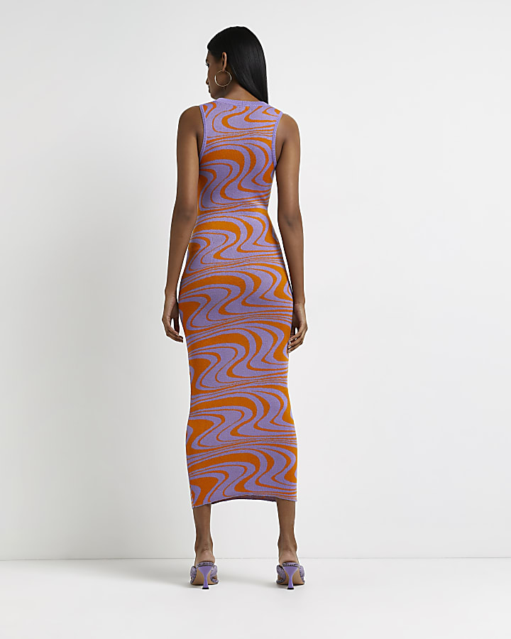 Orange printed cut out knit bodycon dress