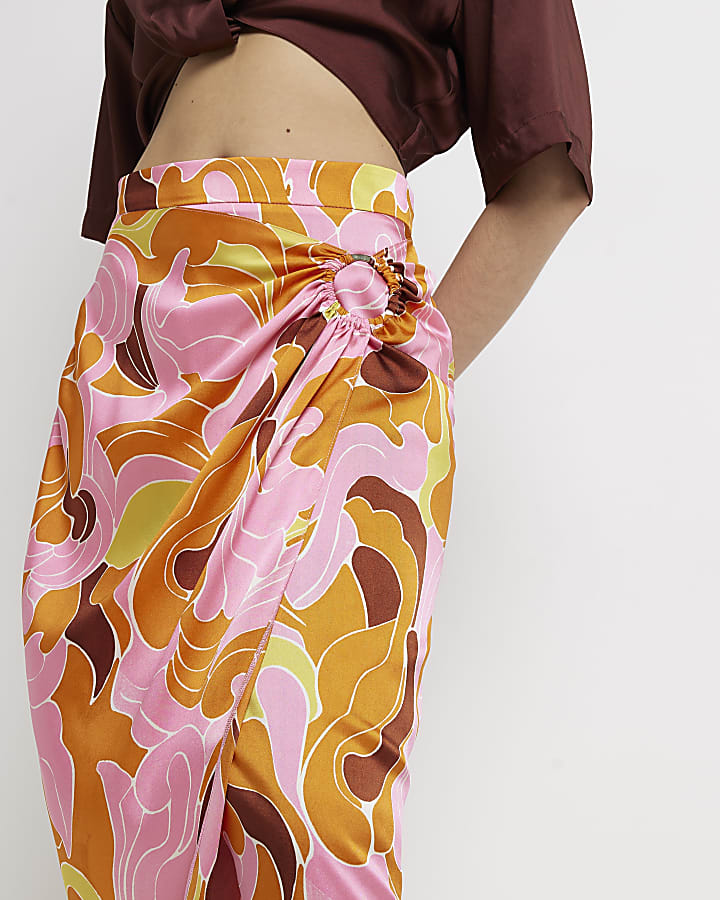 Orange printed satin wrap midi skirt