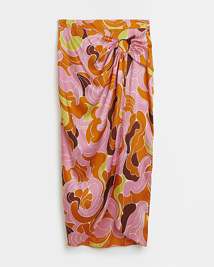 Orange printed satin wrap midi skirt