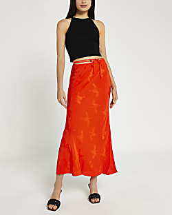 Orange printed tie waist midi skirt