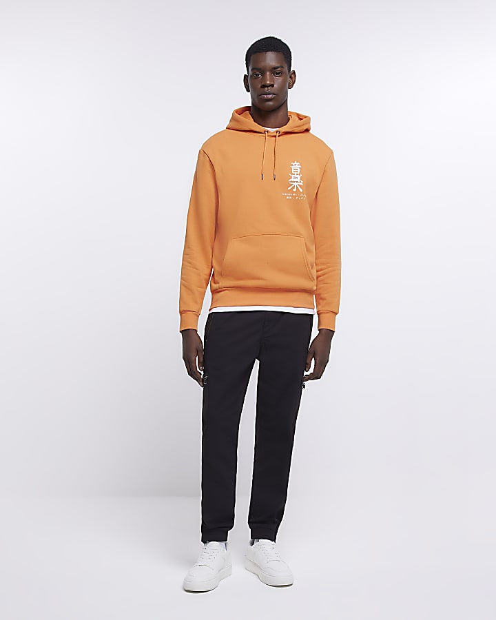 Orange regular fit Japanese back print hoodie