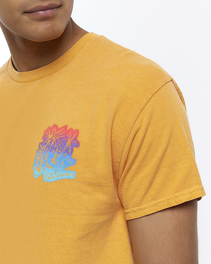 Orange regular fit palm tree graphic t-shirt