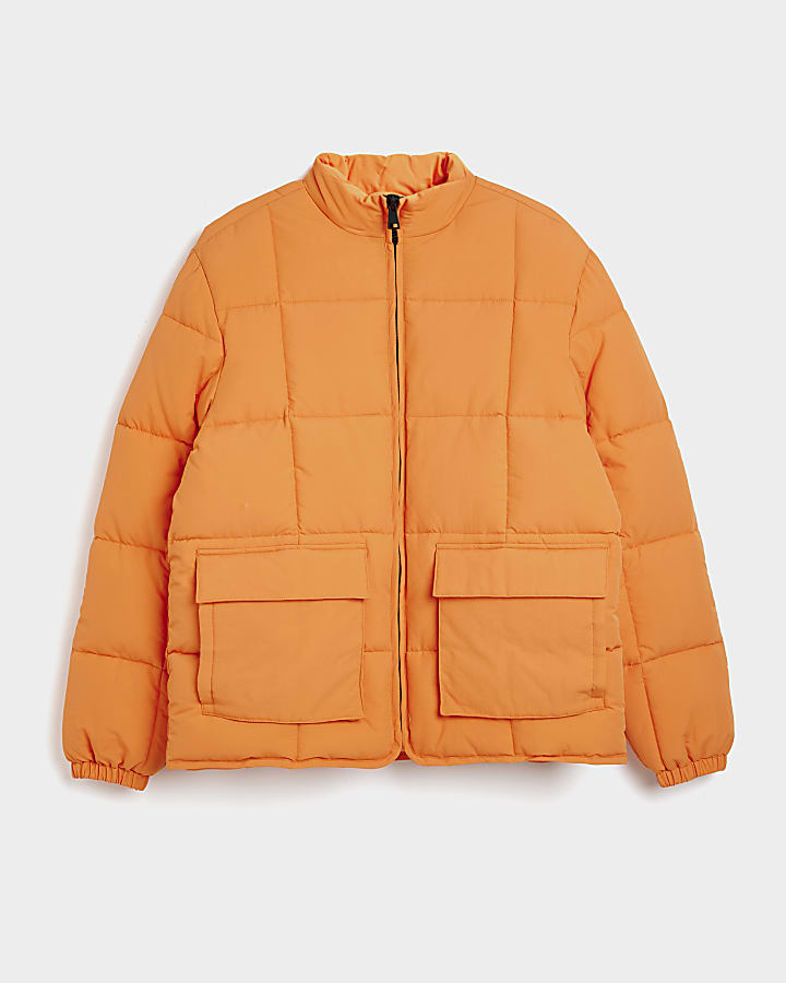 Orange regular fit quilted puffer jacket