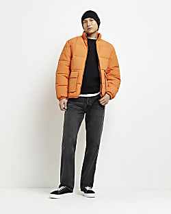 Orange regular fit quilted puffer jacket