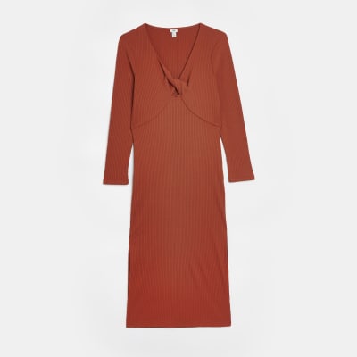 Orange rib long sleeve bodycon midi dress