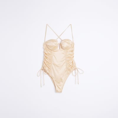 Orange ruched swimsuit River Island