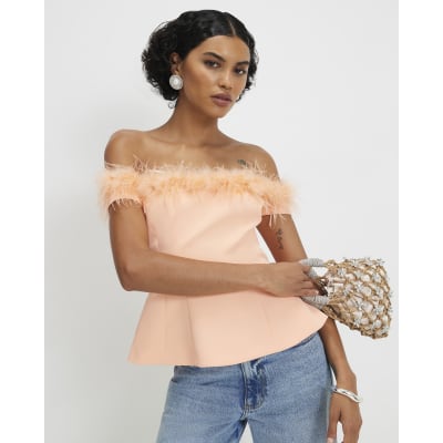 Orange Satin Bardot Feather Trim Corset Top