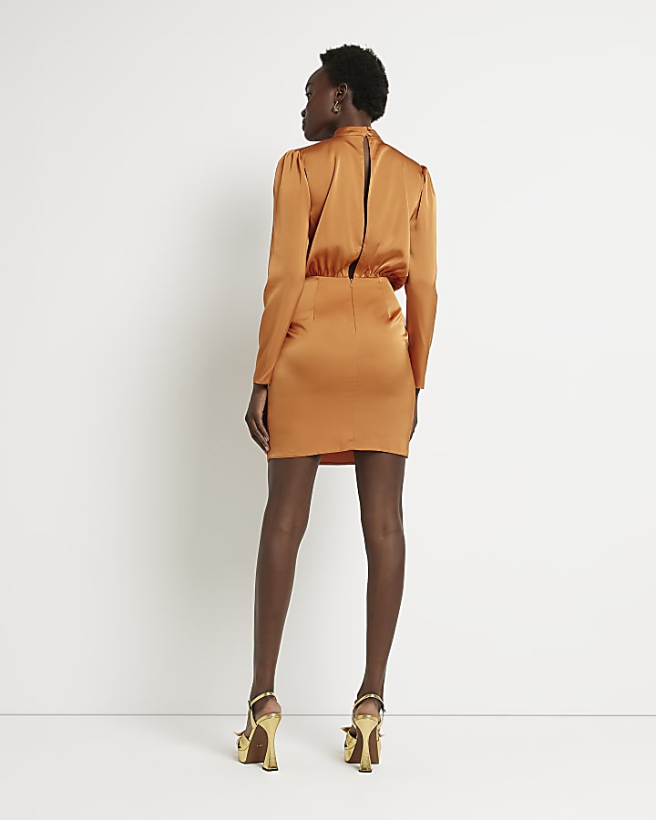 Orange satin cowl neck mini dress