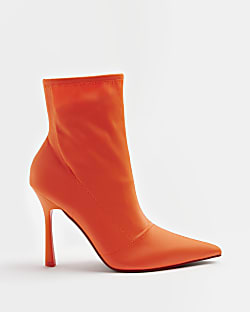 Orange satin heeled ankle boots