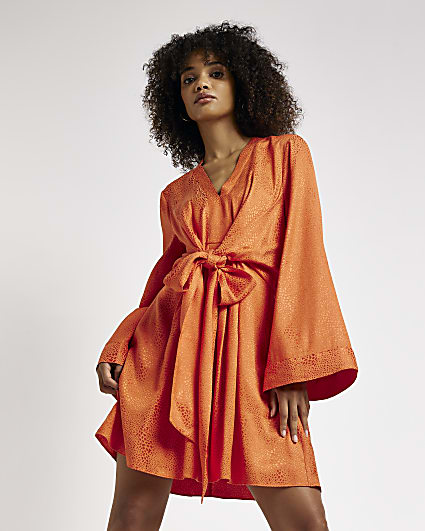 Orange satin knot front mini dress