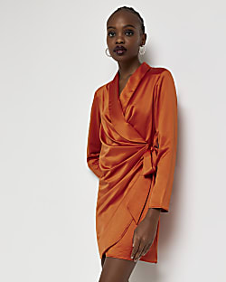 Orange satin long sleeve wrap mini dress