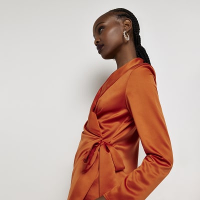 Orange satin long sleeve wrap mini dress